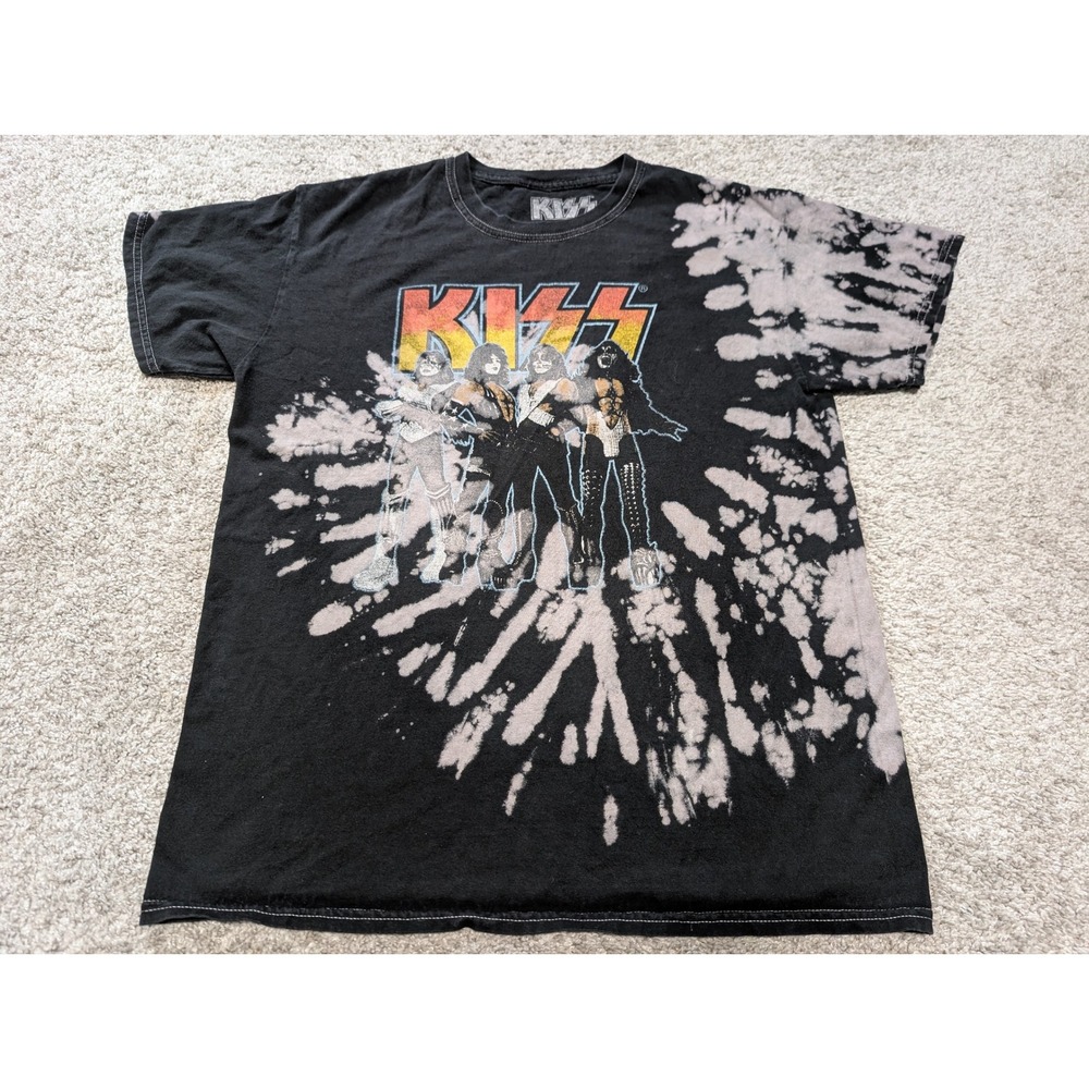 KISS T-Shirt Medium Black Bleached Tie Dye Band Tee Rock Graphic 2021